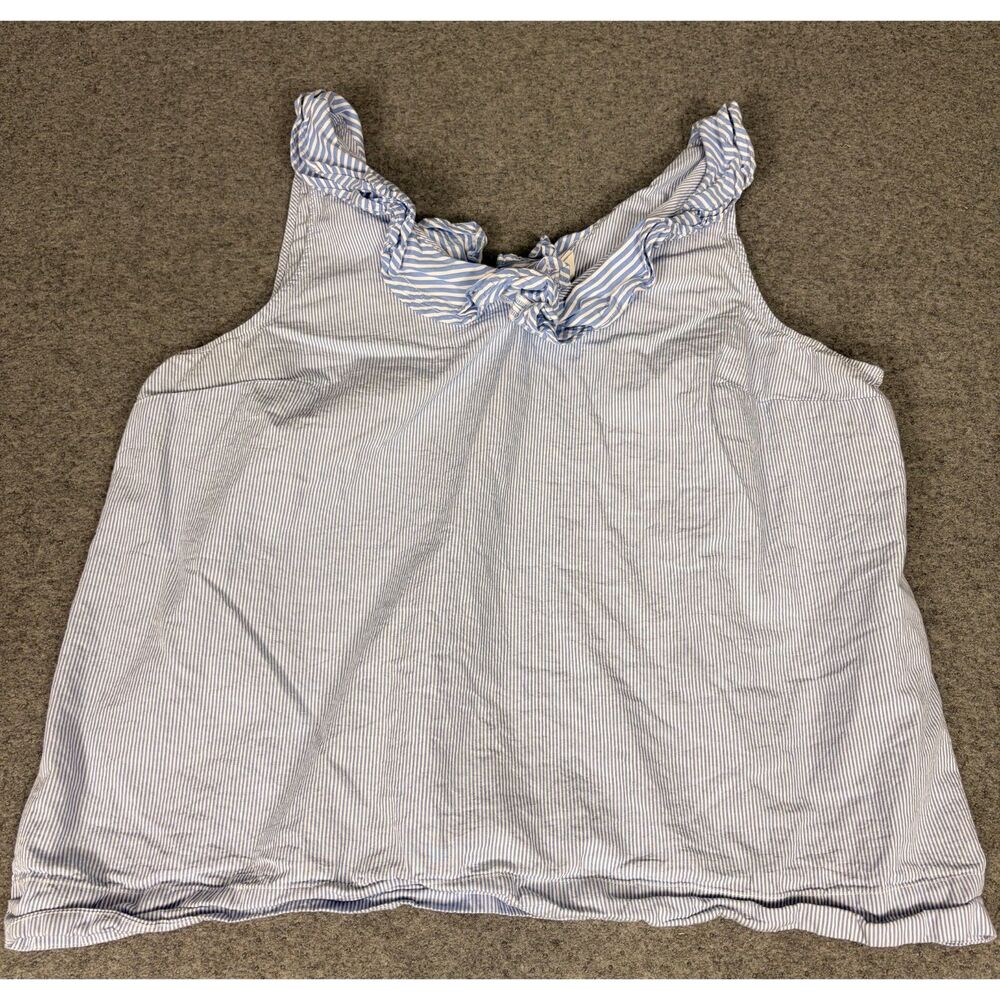 Crown & Ivy Women's XL Blue White Striped Ruffle Neck Sleeveless Cotton Top